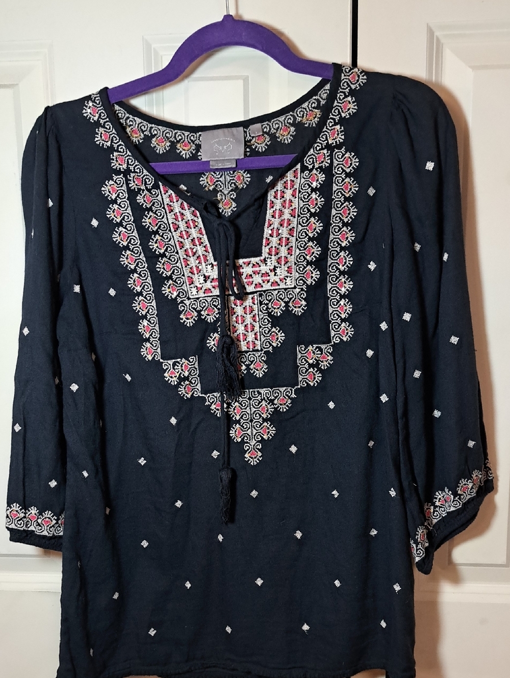 Embroidered Navy Peasant Tunic with Tassel Tie